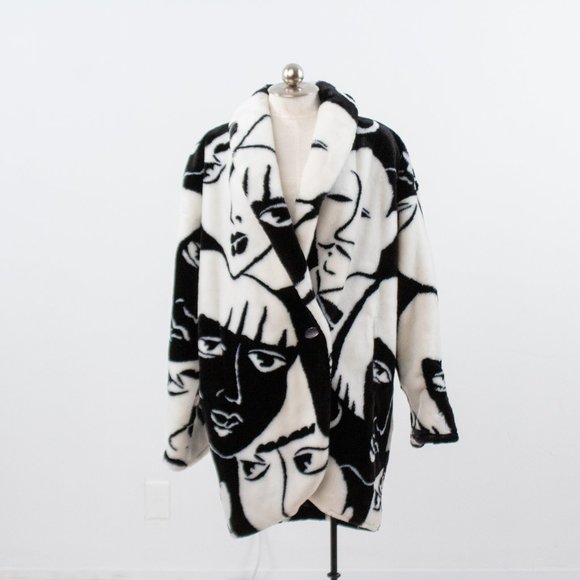 Vintage 80s L Faux Fur Faces Print Wrap Midi Coat - Picture 16 of 16